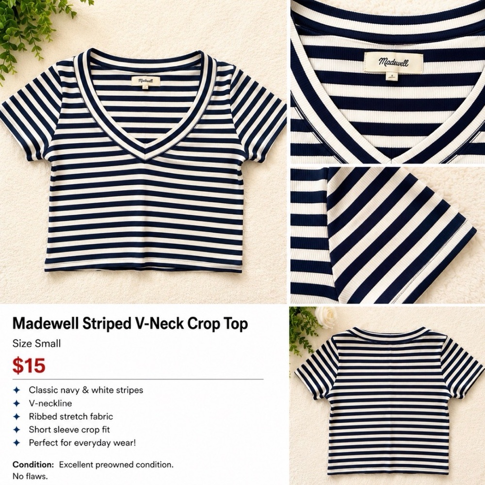 Madewell Navy and White Striped V-Neck Ribbed Crop Top